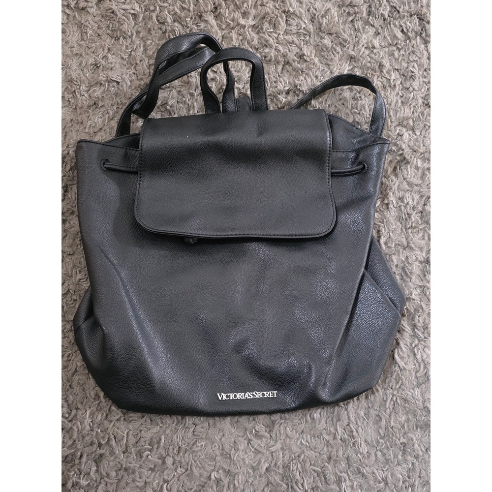 Victoria's Secret Black Pebbled Faux Leather Drawstring Backpack Silver Logo Bag
